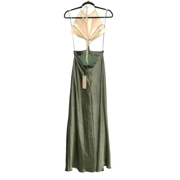 NWT Bec + Bridge Carrie Halter Satin Cut Out Cream Green Maxi Dress US 10  Dresses